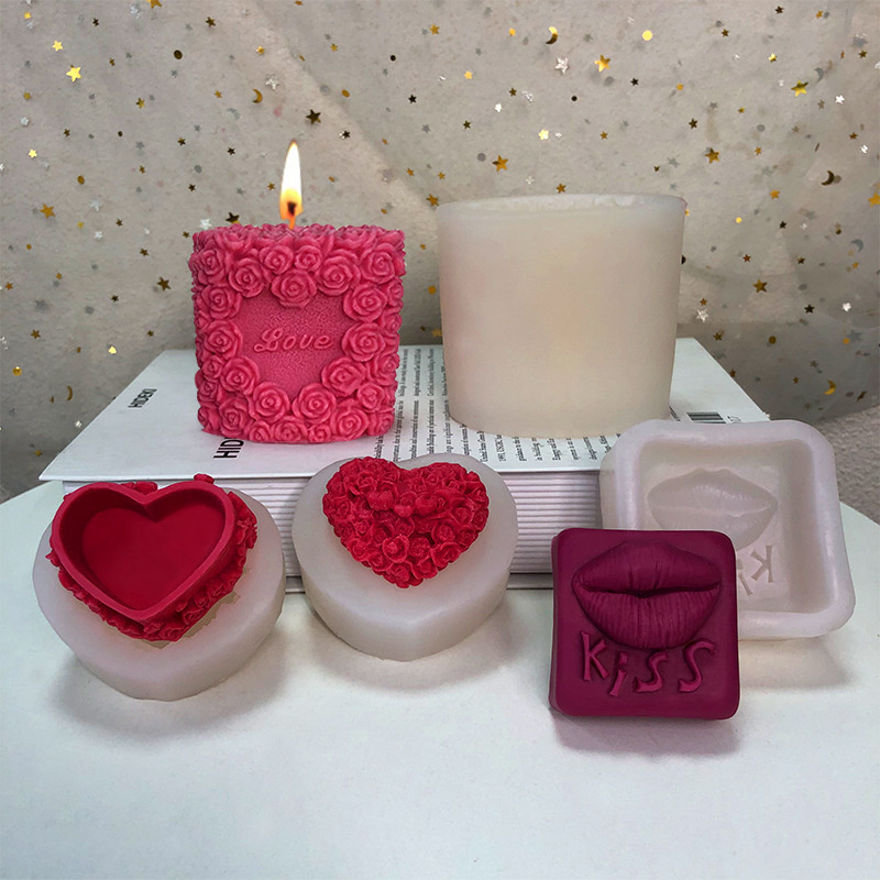 DIY valentine's day love red lips rose cylindrical scented candle wholesale silicone candle mold for candle making