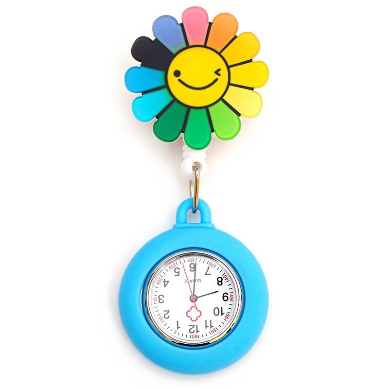 Clip Type Retractable Smiling Face Nurse Watch Buckle Portable Pocket Quartz Watch Sunflower Lovely Clover Food Grade Silicon