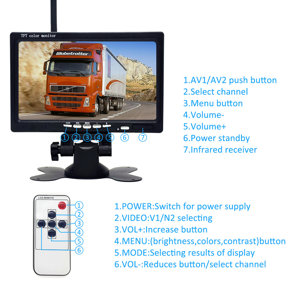 High quality  7 inch wireless car monitor rear view system Truck Monitor Bus Reversing