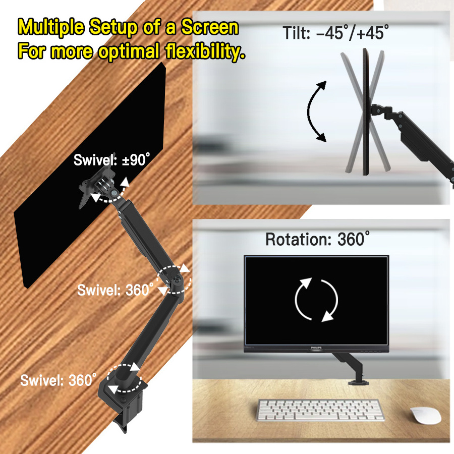 Monitor Desk Mount fits 17-32'' screen, mechanical spring Single Monitor Mount Holds 4.4-17.6 lbs,Monitor Arm with Clamp/Grommet