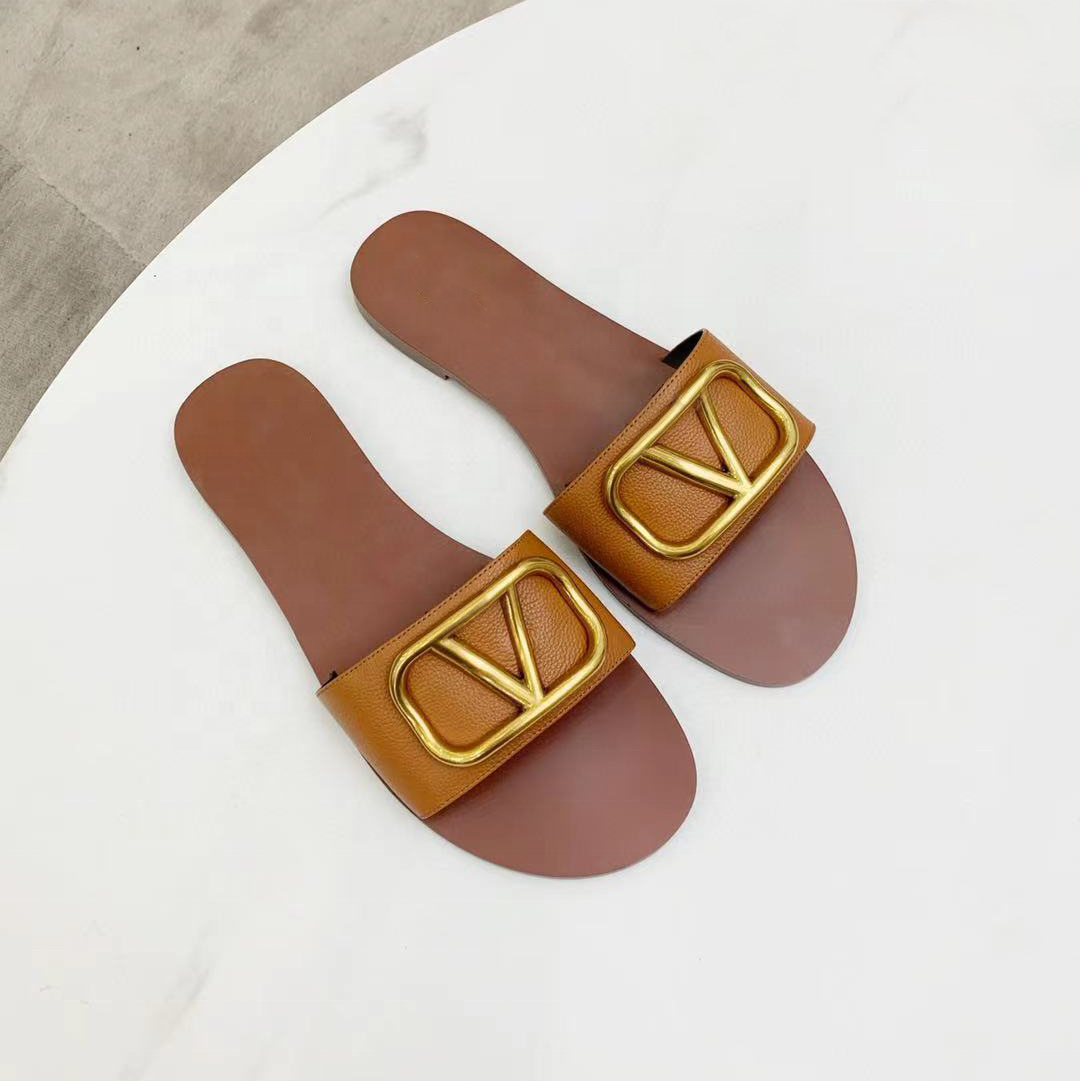 Wholesale Fashion Open Toe Footwear Beach Flat Leather VLTN Luxury Designer Brand Female  Summer Slides Women's Sandals Slippers