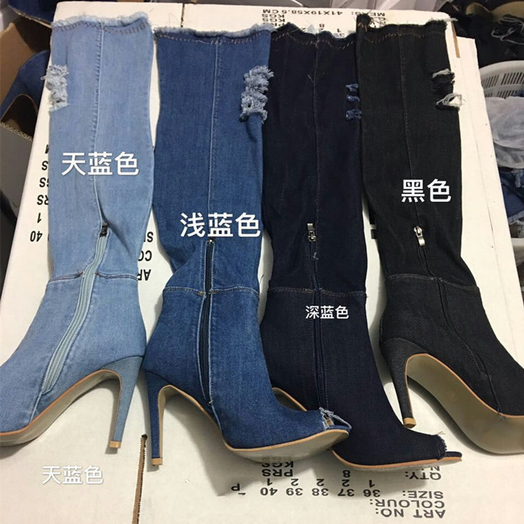 high quality elegant design women denim jeans fabric fish summer high heel shoes for women cheap fashion open toe boots