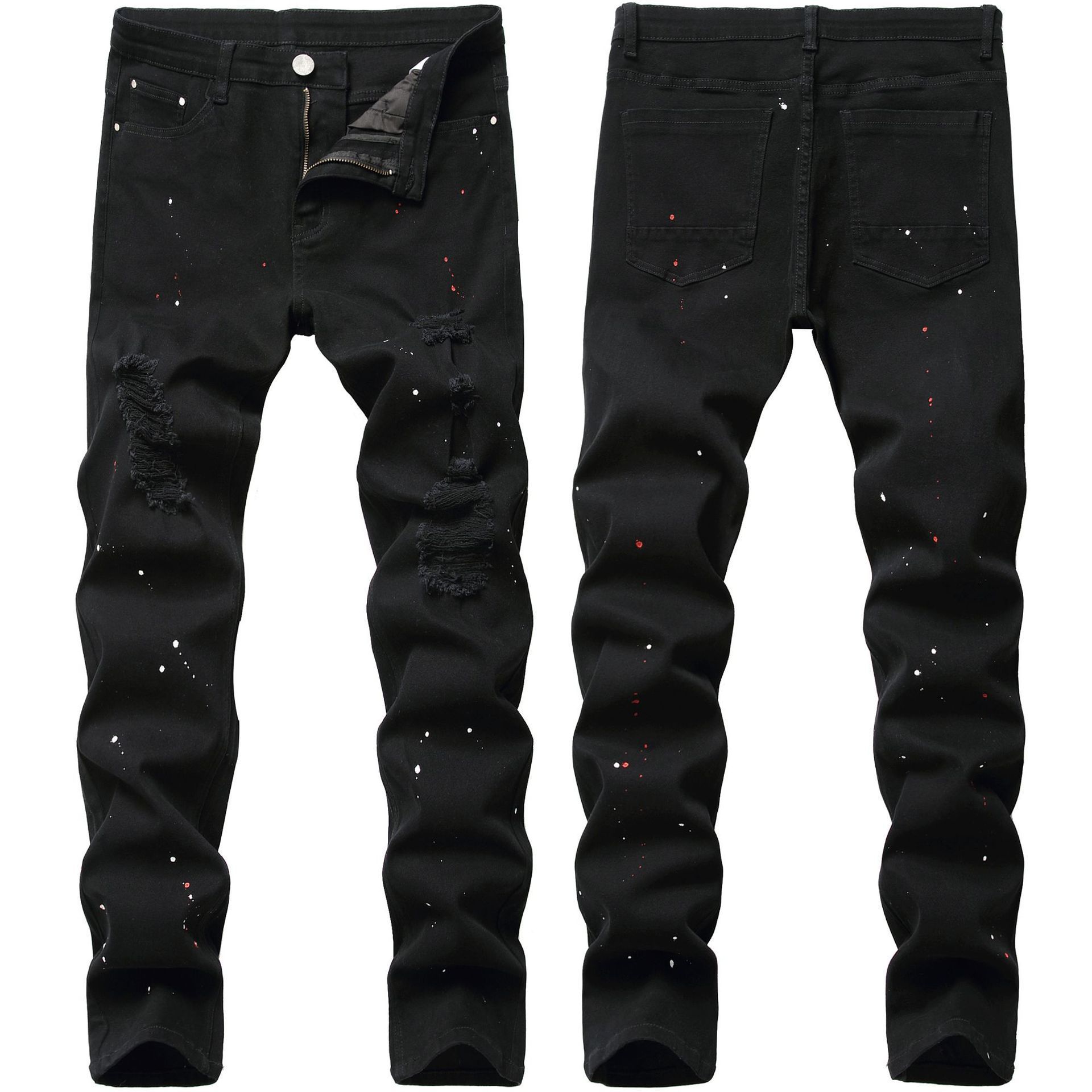 European and American fashion hole original design new non-iron stretch feet jeans men's denim pencil mid-waist pants