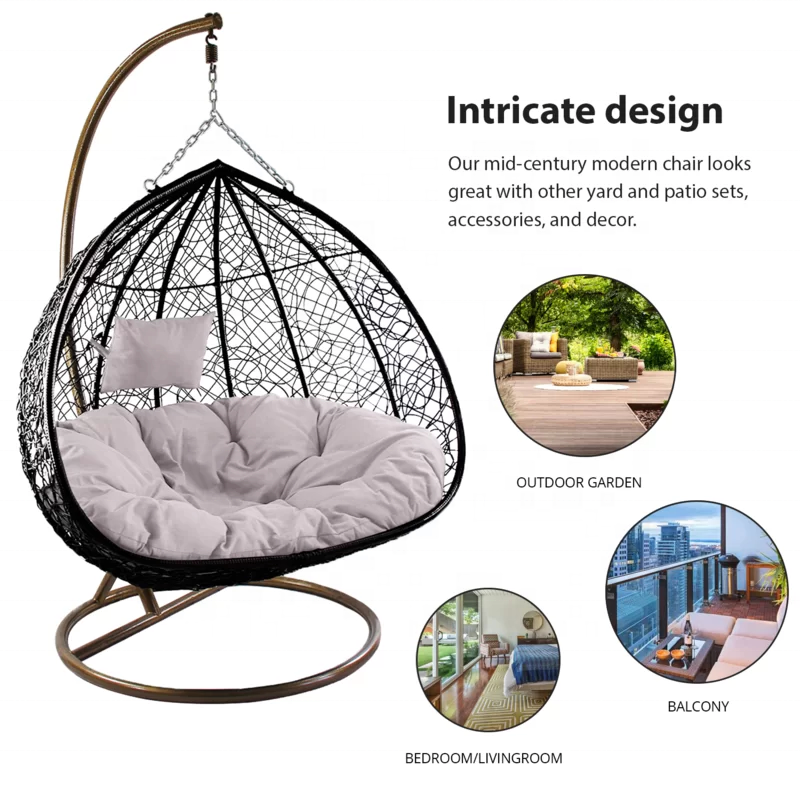 Modern Outdoor Garden Patio Swing Chair Two Seaters Patio Wicker Swing Chairs Rattan Egg Hammock Double Swing Chair with Stand