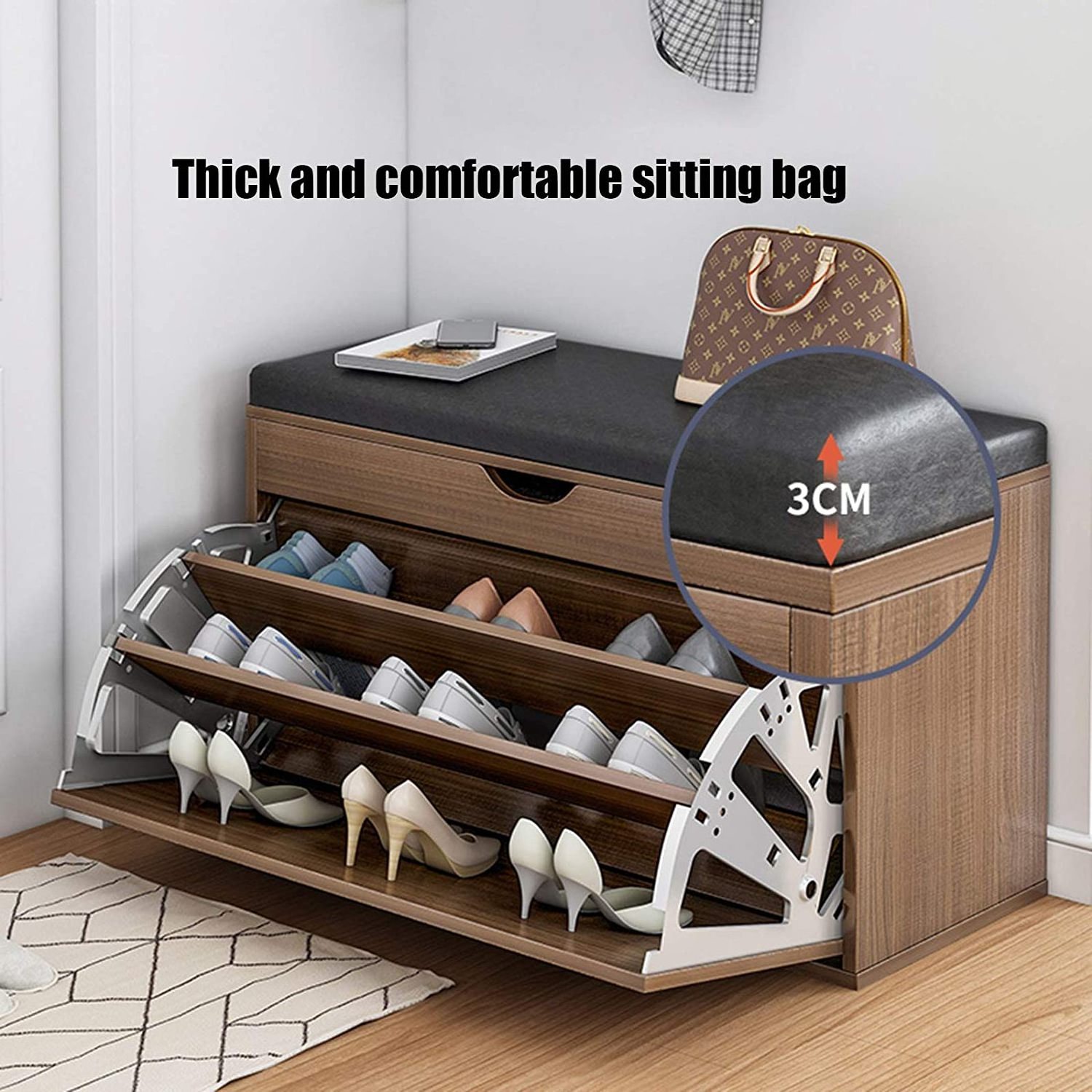 Wooden Shoe Rack Space Saving Multi-layer Shoe Bench With Leather Cushion Home Furniture Entryway Luxury Shoe Rack