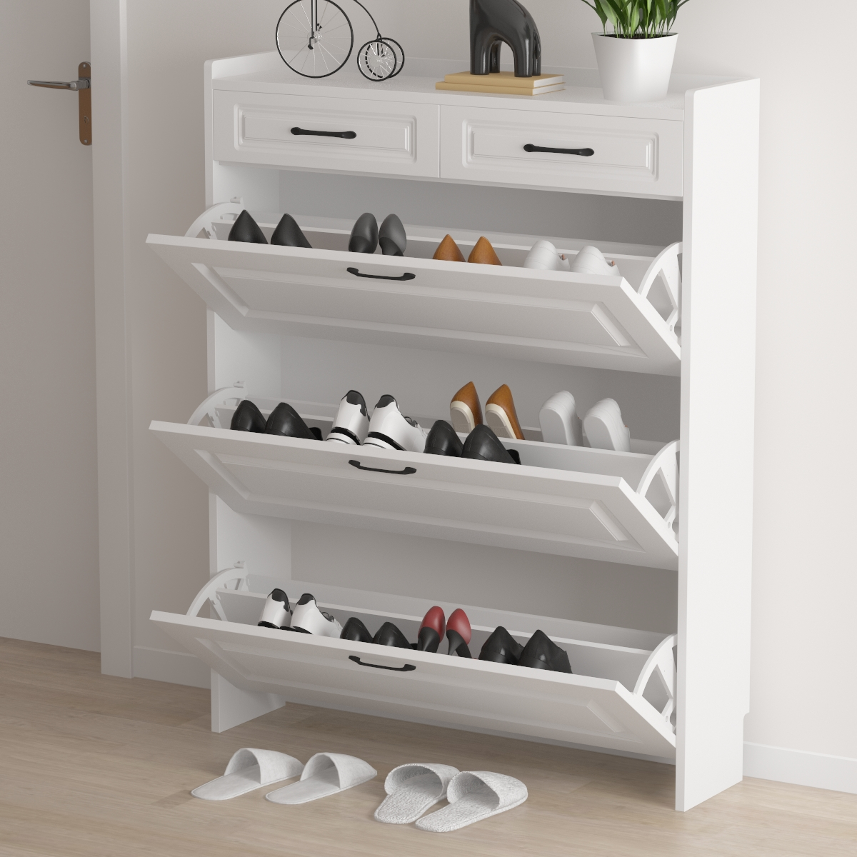 Hot Sale White Solid Wood Shoe Rack Cabinet Home Furniture Space Saving Tip-bucket Modern Shoe Storage Organizer