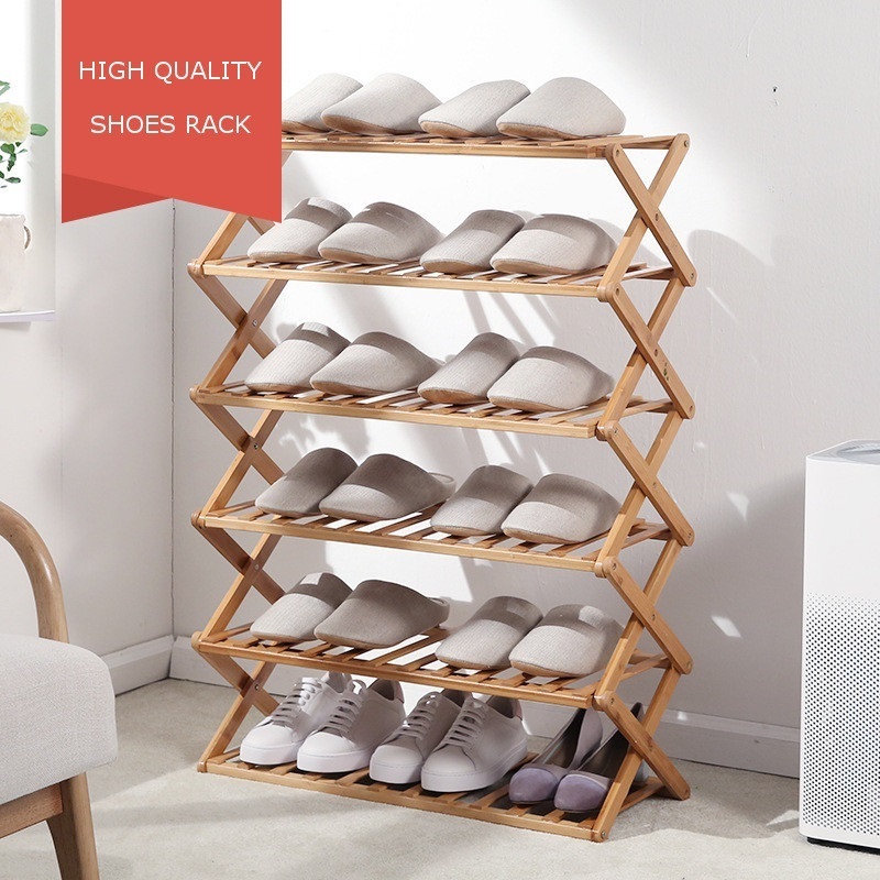 3/4/5/6 Tier Shoe Rack Foldable Bamboo Shoe Storage Organizer Portable Household Free Installation Collapsible Shoe Rack