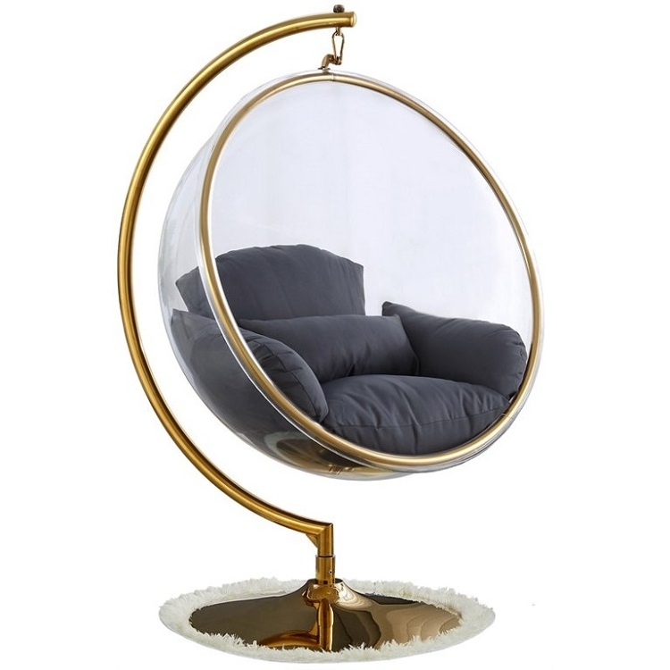 Luxury Golden Frame Transparent Hanging Chairs Swing Floor Stand Acrylic Bubble Chair For Living Room Bedroom