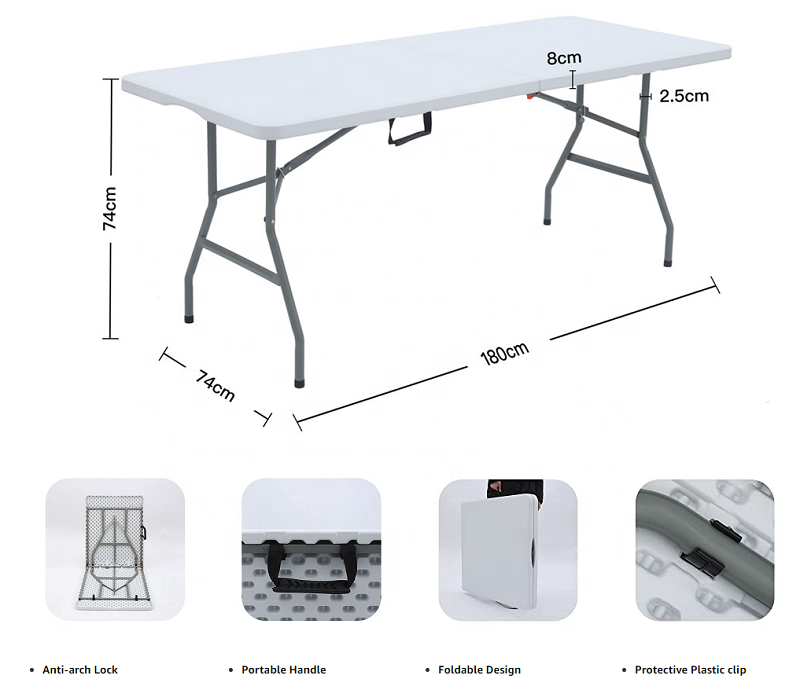 6 Ft Plastic Folded Dining Table Outdoor Banquet Picnic Camping Easy Folding Furniture Tables and Chairs with Set for Events