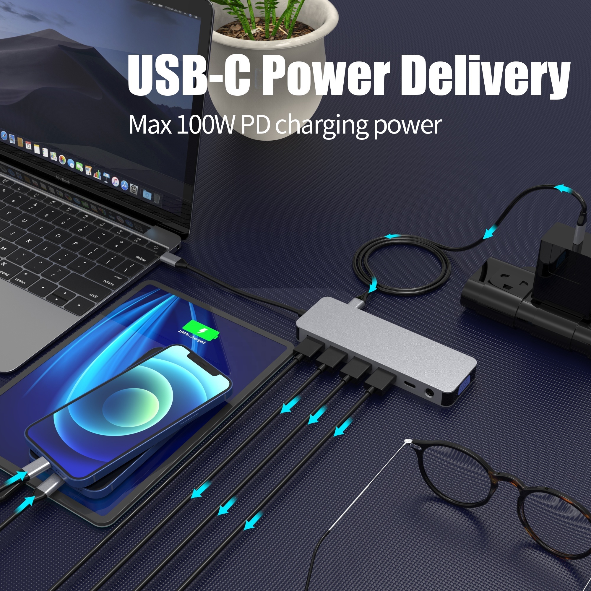 Ready to ship Aluminum USB-C 3.0 Hub 13 Ports with Type C & A Power Adapter Stock USB-C HUB Docking Station