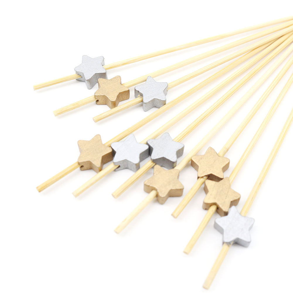 Gold Silver Stars Fruit Bamboo Fire Sticks 2Mm Fruits Cocktail Picks Holiday Wooden Sticks For Party