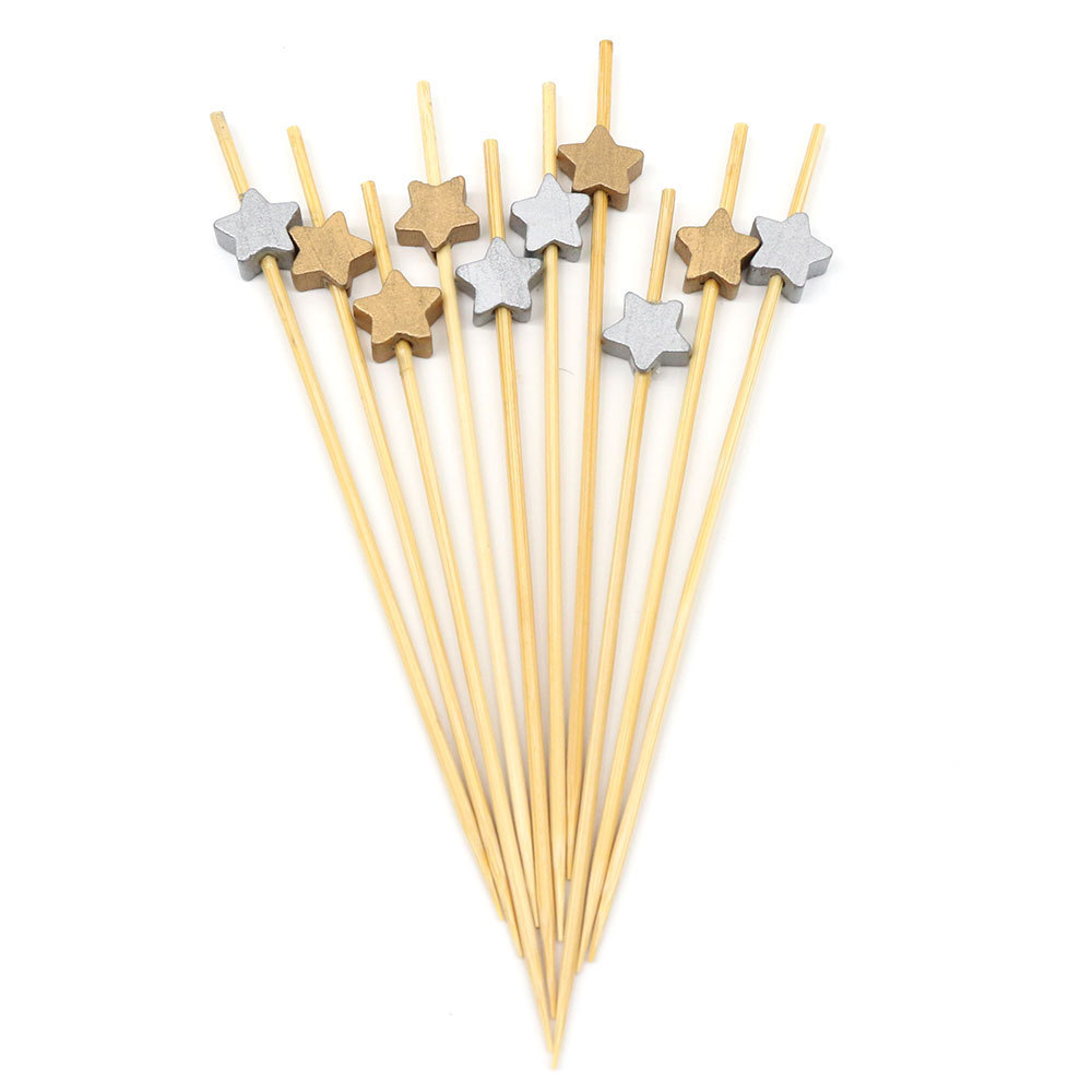 Gold Silver Stars Fruit Bamboo Fire Sticks 2Mm Fruits Cocktail Picks Holiday Wooden Sticks For Party