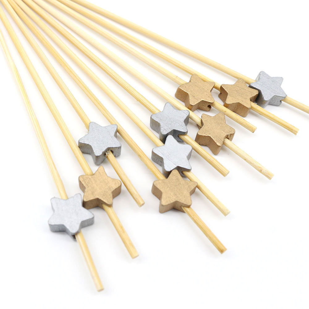 Gold Silver Stars Fruit Bamboo Fire Sticks 2Mm Fruits Cocktail Picks Holiday Wooden Sticks For Party