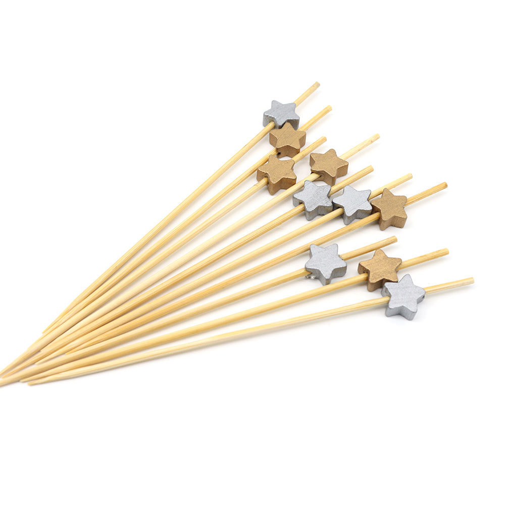 Gold Silver Stars Fruit Bamboo Fire Sticks 2Mm Fruits Cocktail Picks Holiday Wooden Sticks For Party