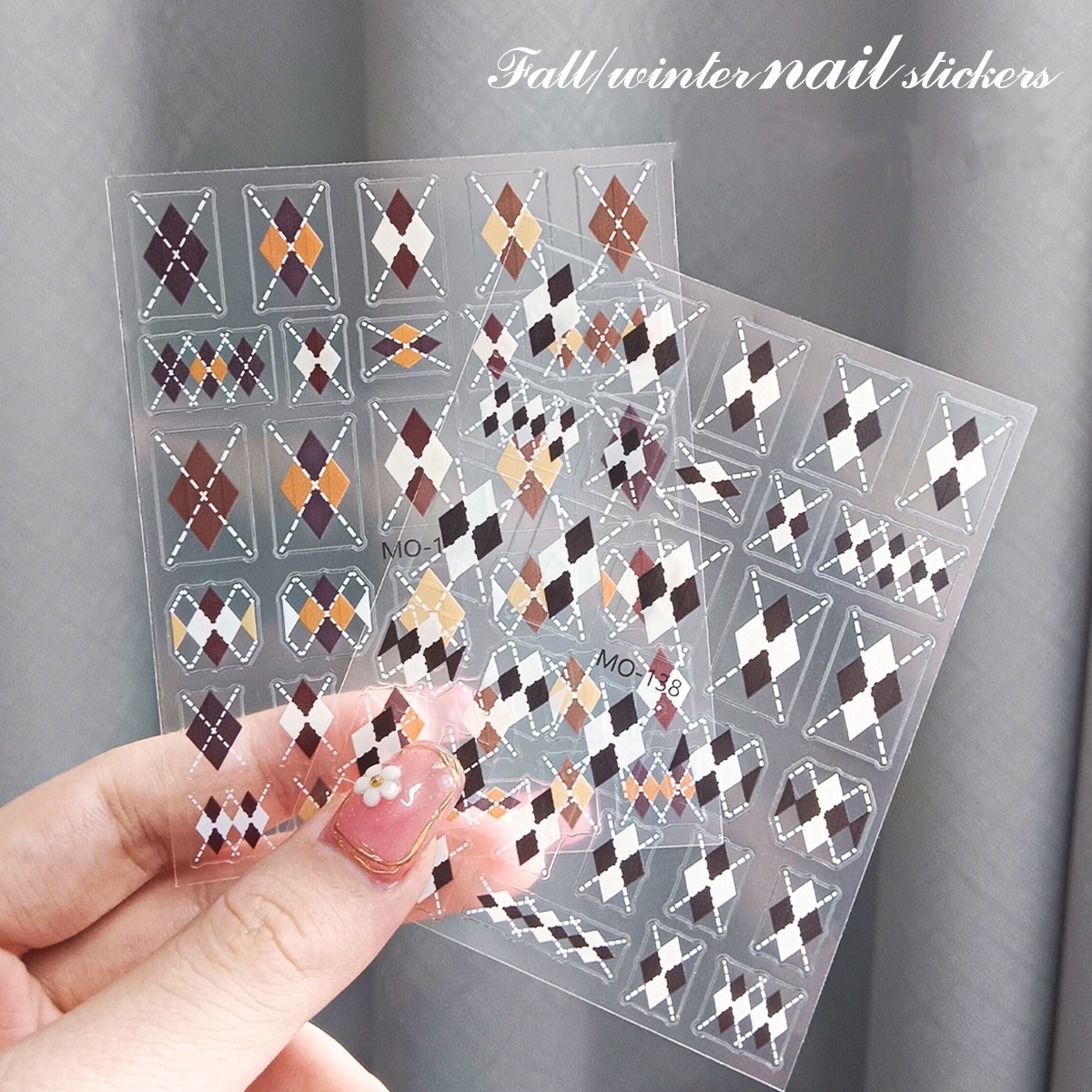 3D Diamond Self-Adhesive Checkered Fall Winter DIY Nail Art Decoration Design Nail Decals Nail Sticker for Manicure