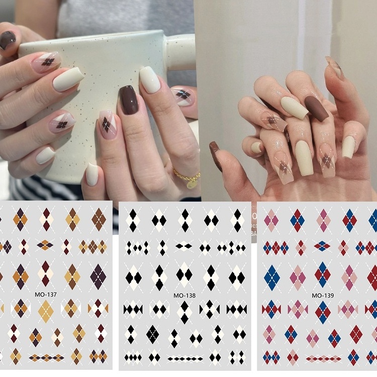 3D Diamond Self-Adhesive Checkered Fall Winter DIY Nail Art Decoration Design Nail Decals Nail Sticker for Manicure