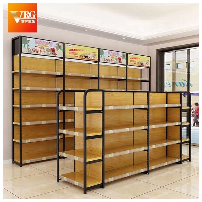 Factory direct supermarket shop wood product display stand rack display shelf with leds light