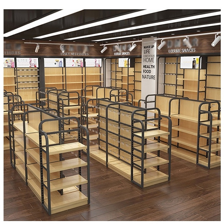 Wholesale convenience 5 tier floor grocery store shelf double sided supermarket wooden display rack