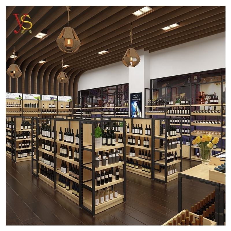 YSshelves wine shop interior design alcohol rack wood shelves whiskey display cabinet liquor store