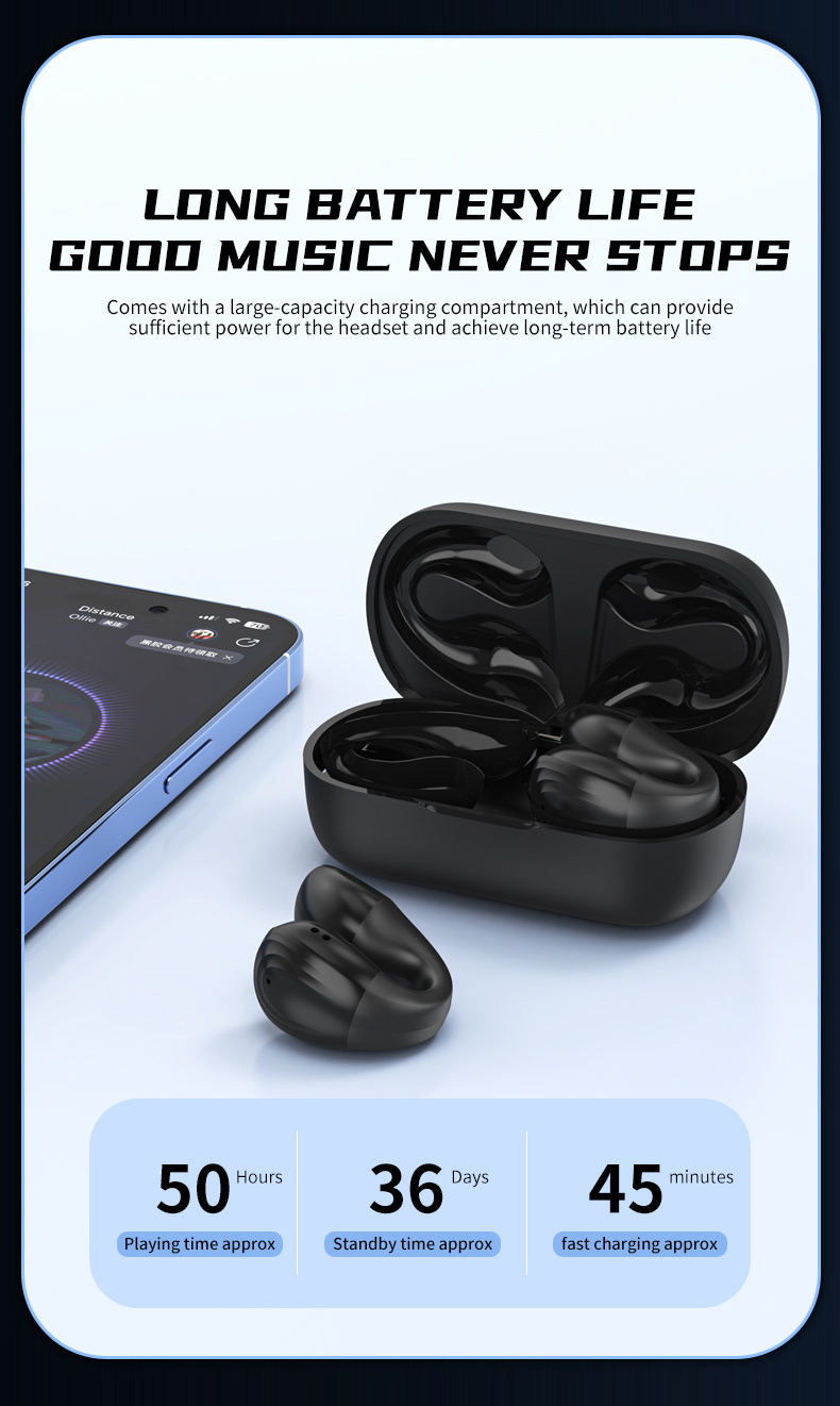 Wireless Headphone Bone Conduction Earphone Ear Clip On Earbud LED Display Sports Headset Auriculares Bluetooths