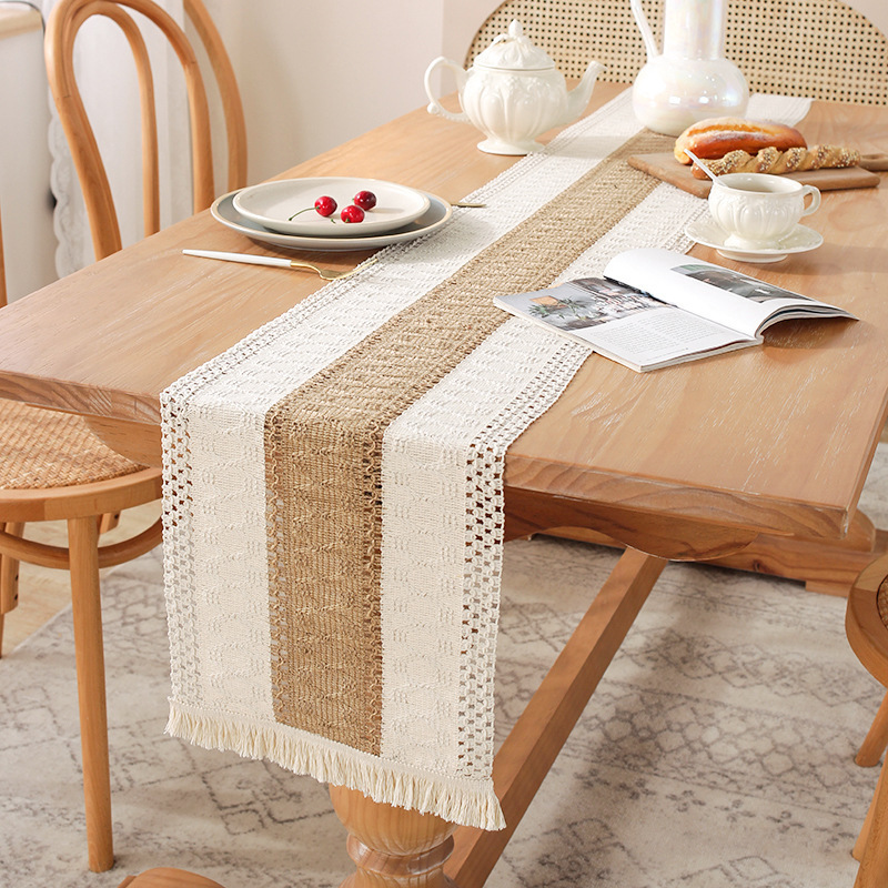 Boho Retro Cotton Jute Dinning Room Decorative Table Runner Natural America Countryside Style Jute Cotton Woven Table Cloth