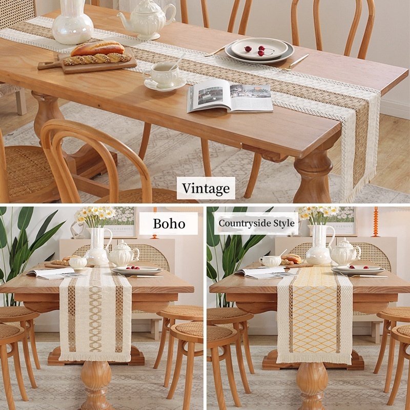 Boho Retro Cotton Jute Dinning Room Decorative Table Runner Natural America Countryside Style Jute Cotton Woven Table Cloth