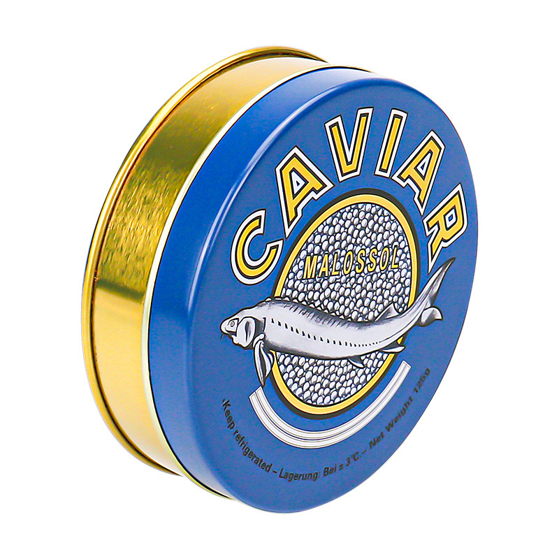 Luxury round Tin Containers Custom Logo Caviar Packaging Tins Made of Tinplate with Gold Oil for Food Storage and Packing