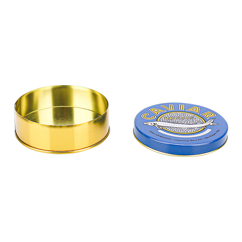 Luxury round Tin Containers Custom Logo Caviar Packaging Tins Made of Tinplate with Gold Oil for Food Storage and Packing