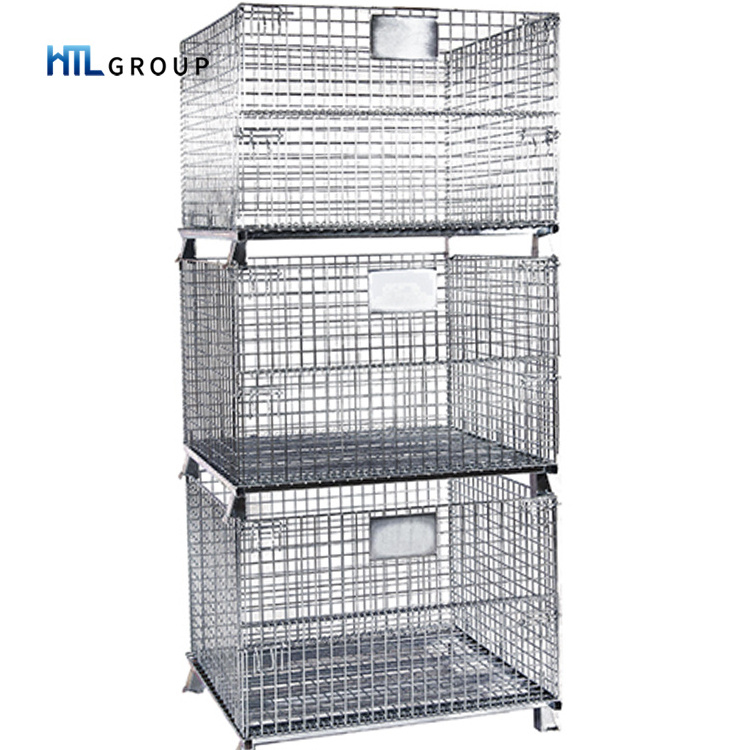 Warehouse logistic storage galvanized wire mesh collapsible steel container with wheels