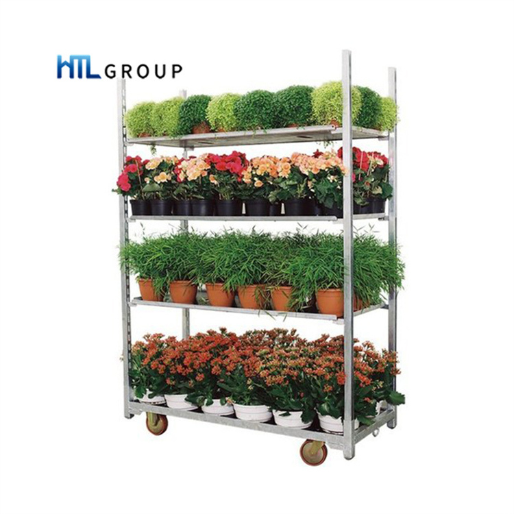 Plywood shelf hot sale mesh metal garden cart with four wheels