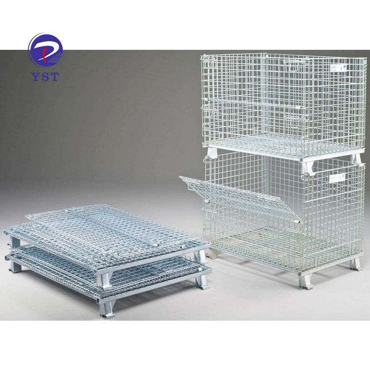 Customized warehouse storage collapsible foldable stackable metal steel wire mesh pallet cage