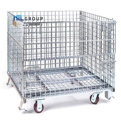 Warehouse logistic storage galvanized wire mesh collapsible steel container with wheels