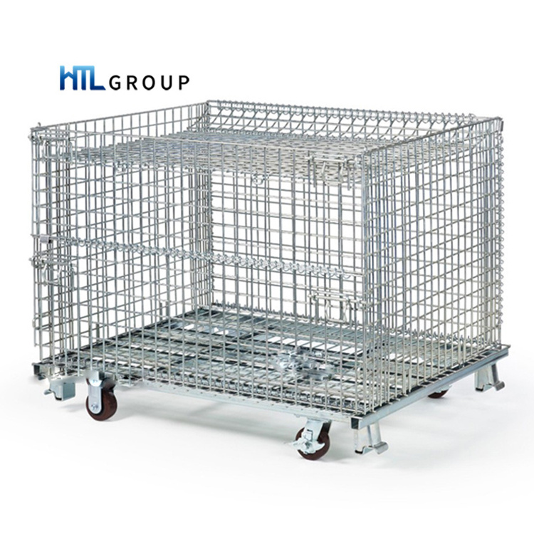 Warehouse logistic storage galvanized wire mesh collapsible steel container with wheels