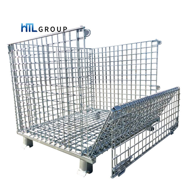 Warehouse logistic storage galvanized wire mesh collapsible steel container with wheels