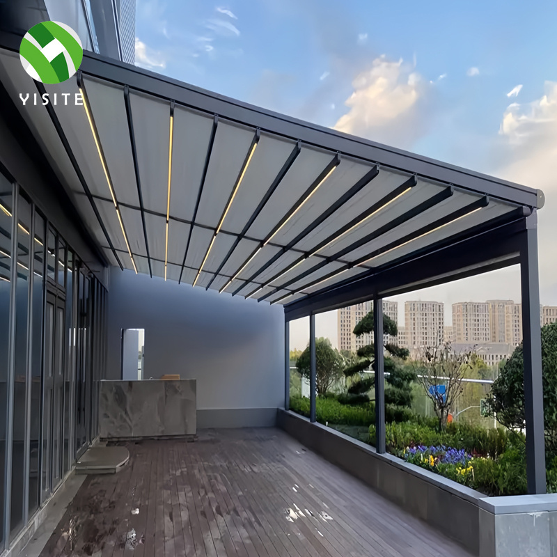 YST outdoor waterproof roof electric garden pergola terrace automatic foldable telescopic roof aluminum canopy waterproof awning