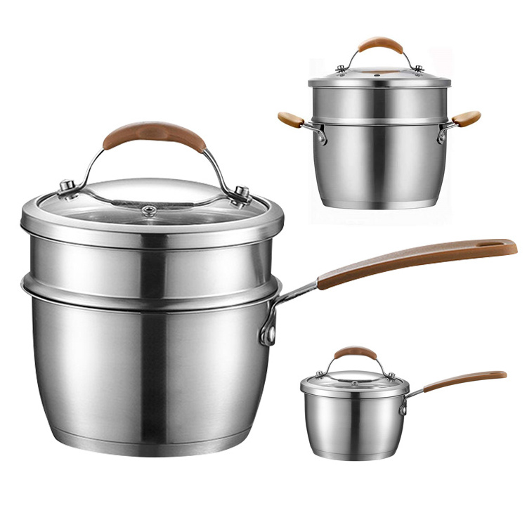 All Purpose High Conductivity 304 Stainless Steel Milk Pot Soup & Stock Pot with Steamer and Glass Lid Set