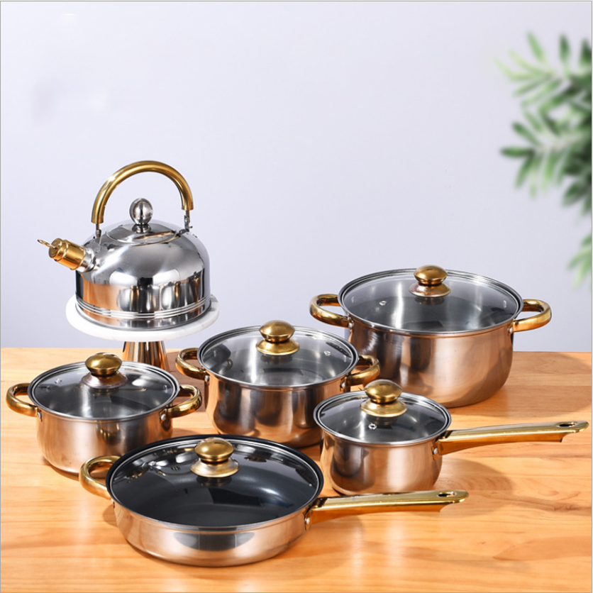 12 Pcs Stainless Steel Kitchen Ware Non Stick Glass Induction Hot Pot And Pan Luxury Camping Cooking Utensils Cookware Sets