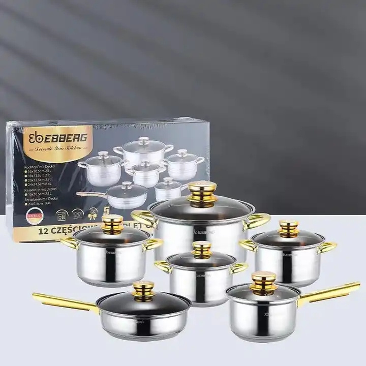 12 pieces stainless steel pot and pan set, cooking utensils, household sundries, panel, cookware set, casserole 20cm, 24cm, 28cm