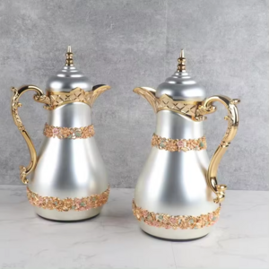 Arabic Style Dallah New Design Vacuum Flask Coffee Pot Set 1000ml+1000ml Flower decoration Gold Color Thermos Coffee Pot