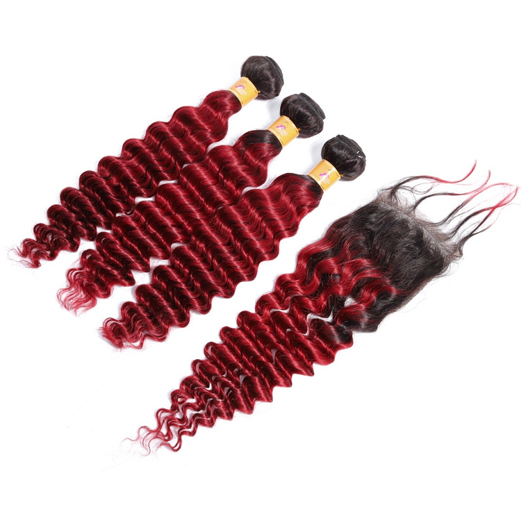 Free sample Raw 1b/Burgundy# Deep Wave RED Virgin Peruvian human hair Supplier, Ombre Human Hair Bundles