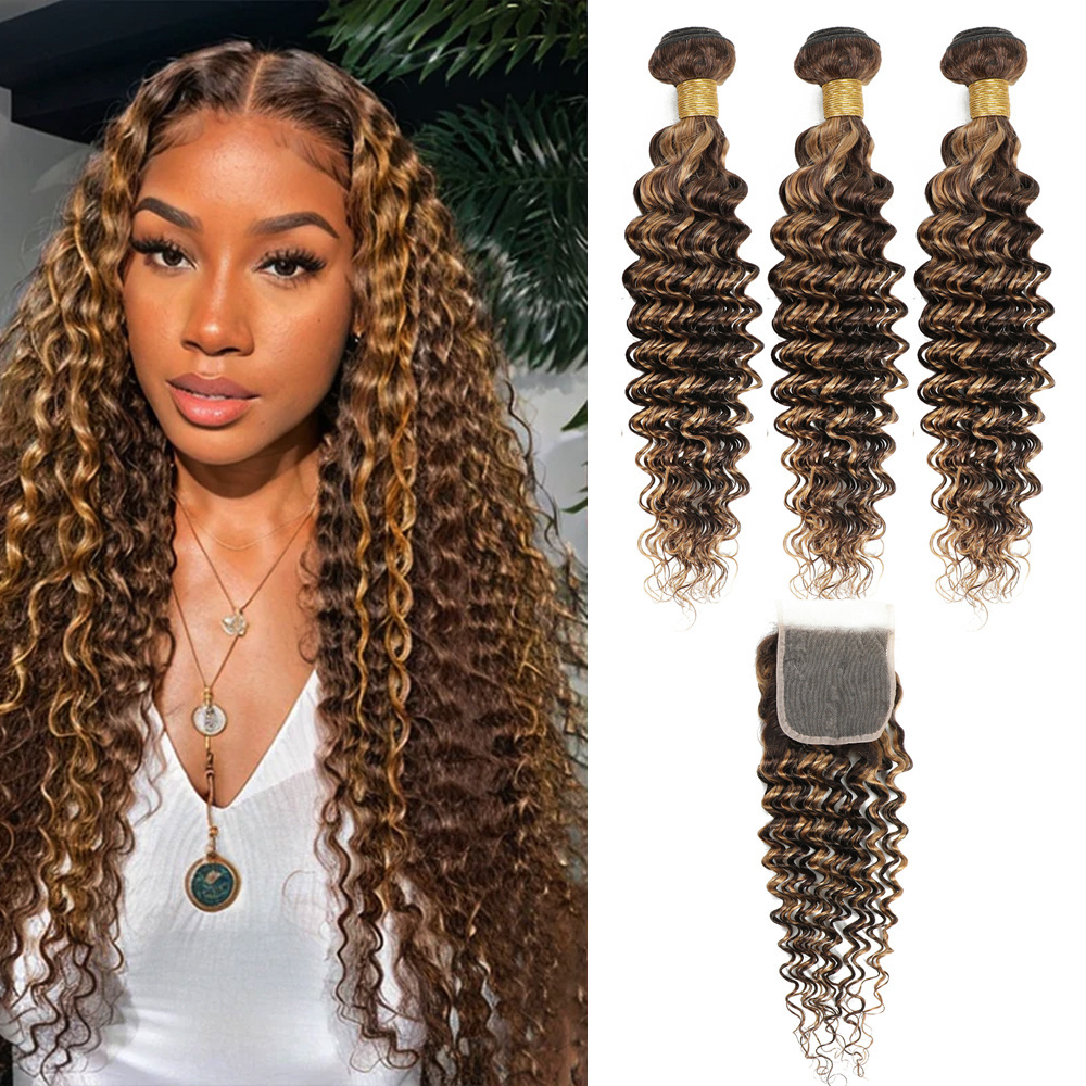 Piano Color Water Wave Brazilian Hair Weave P4#27 Highlight Color Deep Wave Human Hair Bundle With Closure Set