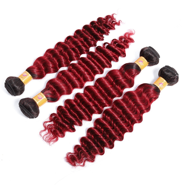 Free sample Raw 1b/Burgundy# Deep Wave RED Virgin Peruvian human hair Supplier, Ombre Human Hair Bundles