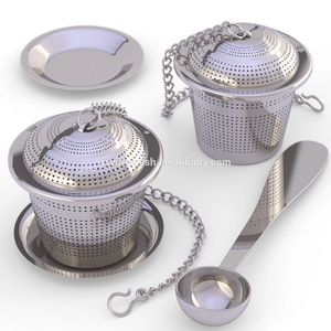 Hot sale food grade SS 304 tea infuser basket tea ball mesh filter strainer with tea scoop and drip trays