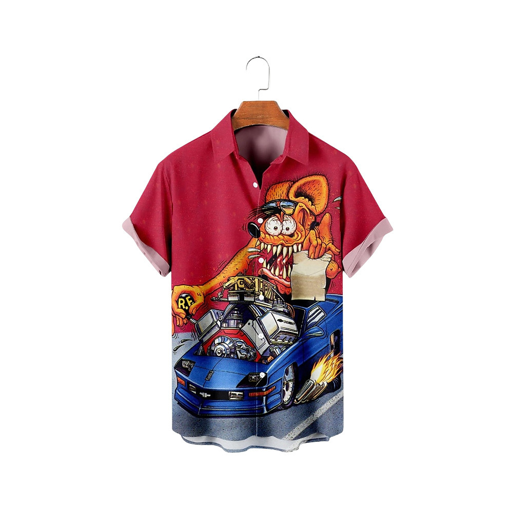 Men's Rockabilly Style T-Shirts - Fashionable Oversized Short Sleeve Tops with Rocker Prints, Single-Breasted Lapel Design