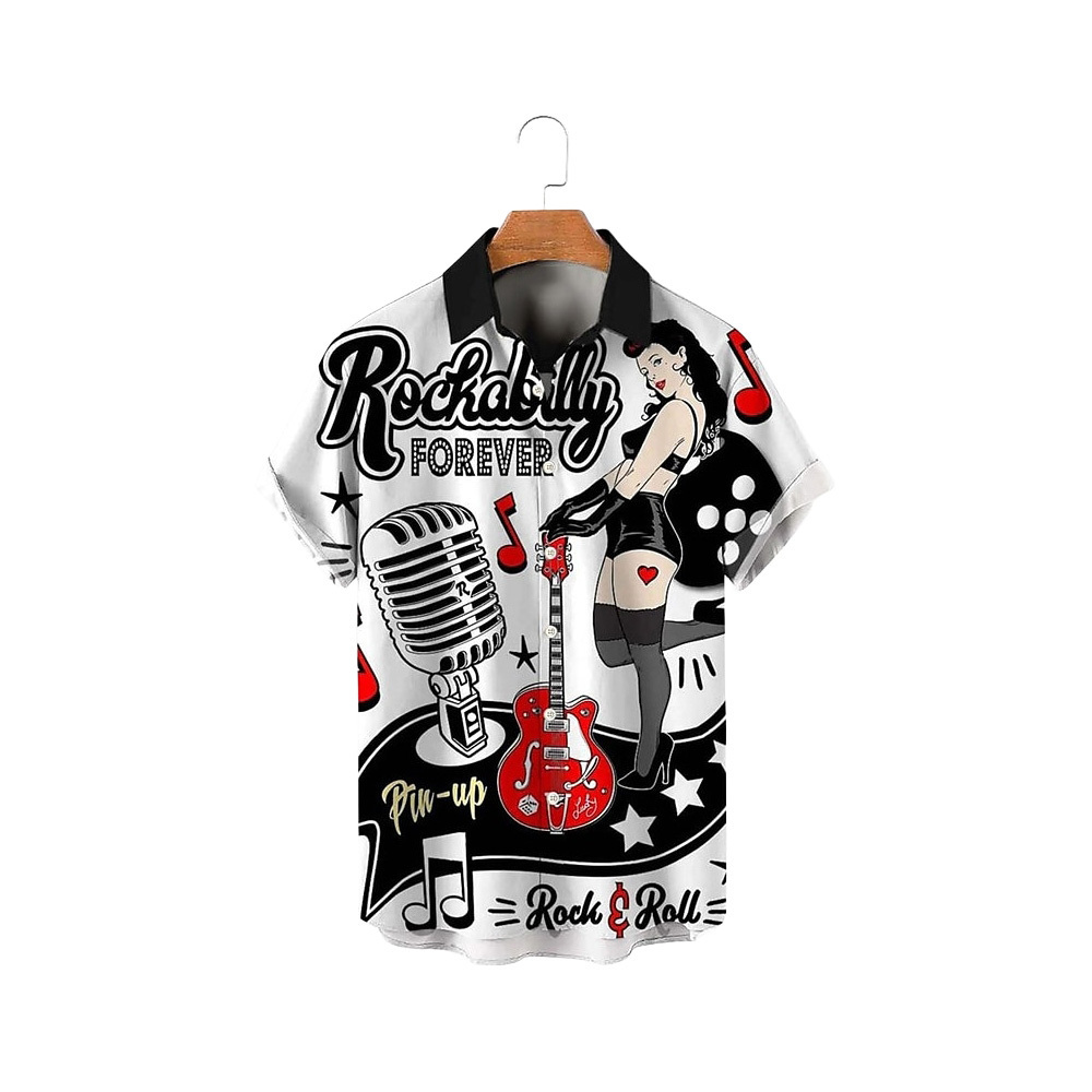 Men's Rockabilly Style T-Shirts - Fashionable Oversized Short Sleeve Tops with Rocker Prints, Single-Breasted Lapel Design