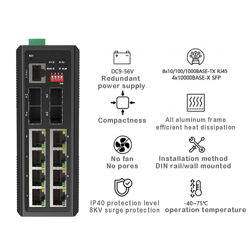 Managed Fiber Optic Switch Ethernet 10 Port Gigabit Ring Network SFP Industrial Switch Fiber Optic