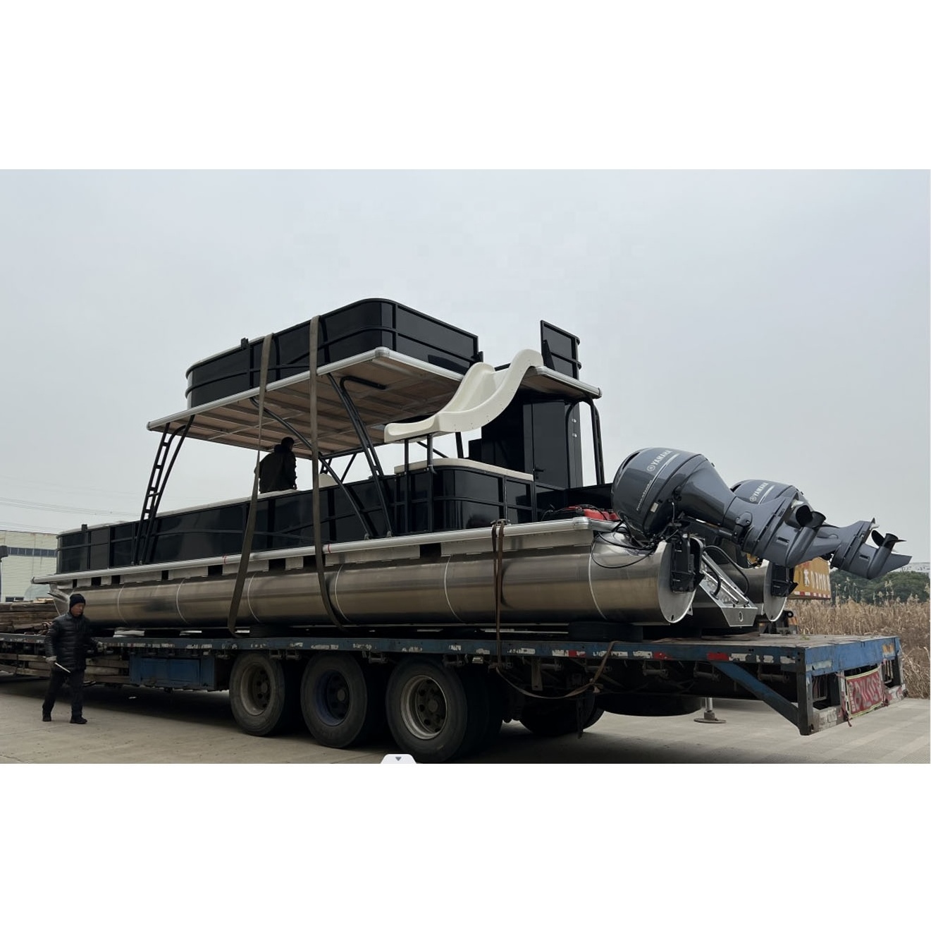 2023 new design fully welded double float tube party luxury aluminium pontoon boat with slide without outboard engine