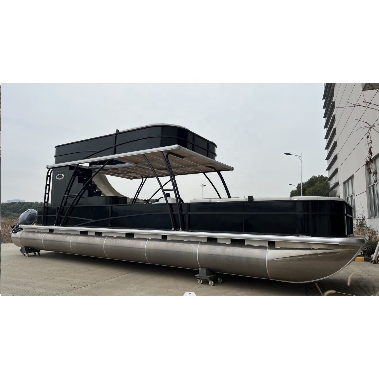 2023 new design fully welded double float tube party luxury aluminium pontoon boat with slide without outboard engine