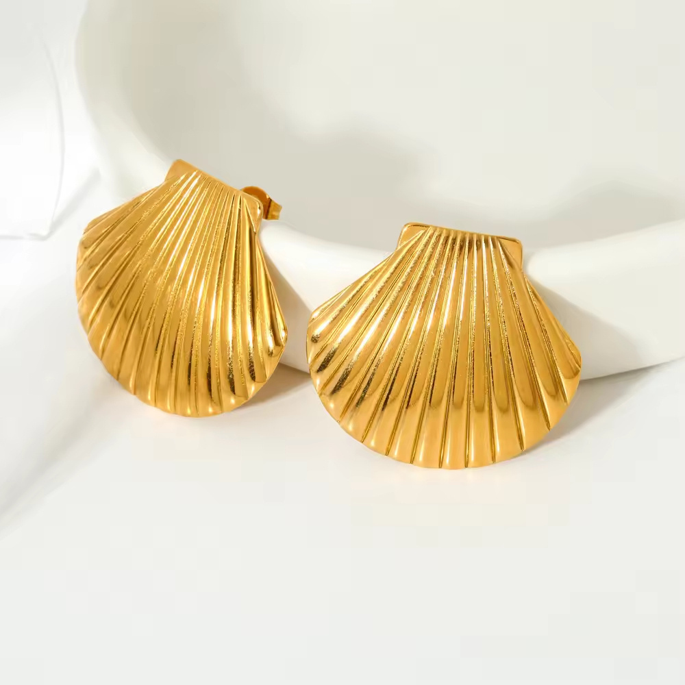 New Waterproof Tarnish Free 18K Gold Plated Stainless Steel Texture Earrings Women Hypoallergenic Shell Scallop Stud Earrings