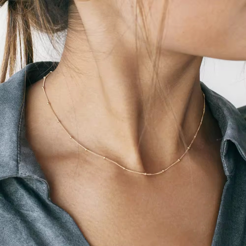 NEW INS Dainty 14k Gold Plated Beaded Chain Choker Necklace Satellite Chain Necklace Layering Wedding Necklace for women Girls